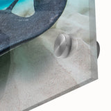 Large abstract wall art depicting Caribbean scenery in vibrant blues and greens on acrylic glass, ideal for dining room art.