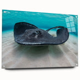 Large abstract wall art of a Caribbean scenery on acrylic glass, with vivid blue and green tones.