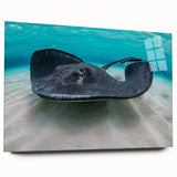 Large abstract wall art depicting a serene Caribbean seascape in cool blue and turquoise tones, printed on acrylic glass.