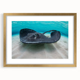 Abstract art print featuring a Caribbean scenery in muted blue and green tones on a gold-framed canvas.