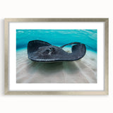 Extra large abstract art print with textured strokes in blue and green shades on a silver-framed canvas.