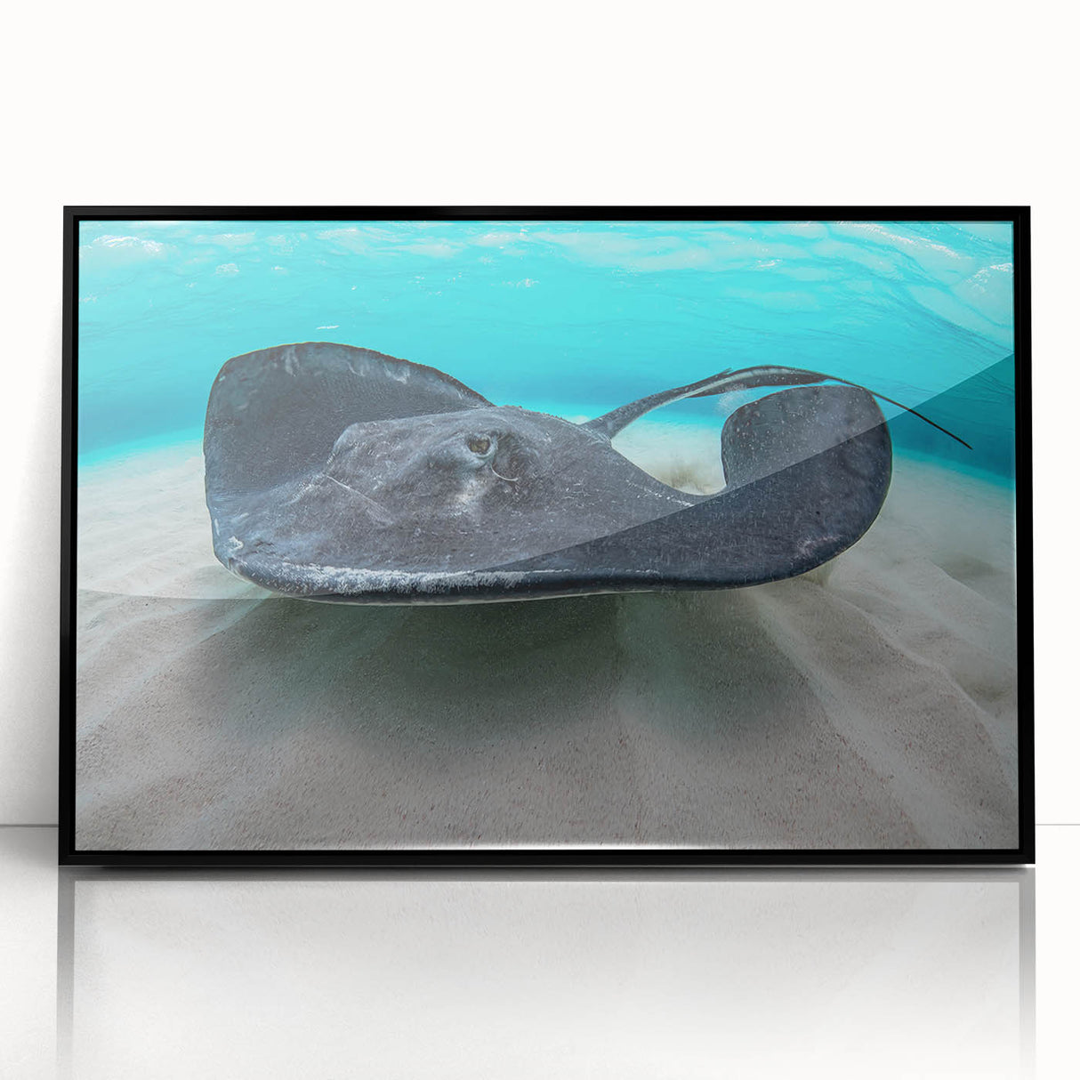 Large abstract wall art featuring a Caribbean seascape in vibrant blue tones on a framed acrylic.