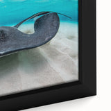 Black wall art featuring a textured Caribbean scenery on a framed canvas, with vibrant colors, ideal for living room decor.