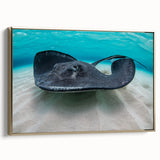 Framed canvas featuring a vintage-style Caribbean landscape with vivid blue waters and lush greenery.