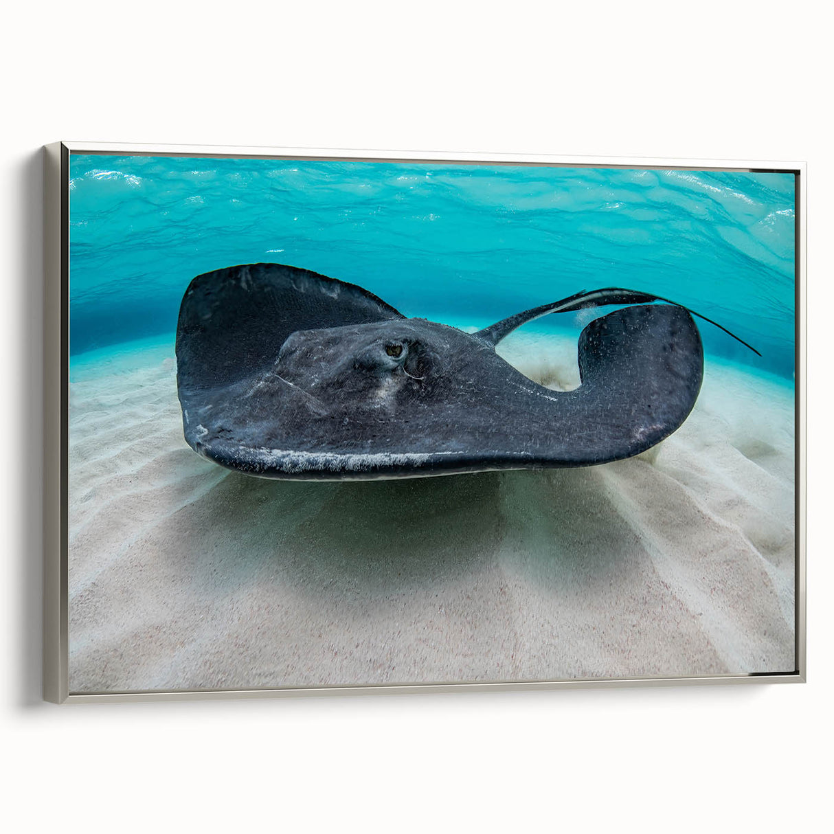 Landscape art painting of a Caribbean scenery on framed canvas, featuring vibrant blue and green tones.