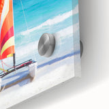 Large abstract wall art depicting vibrant Caribbean scenery on acrylic glass, ideal for dining room ambiance.