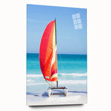 Large abstract wall art depicting a Caribbean scenery in vibrant blue and green tones.