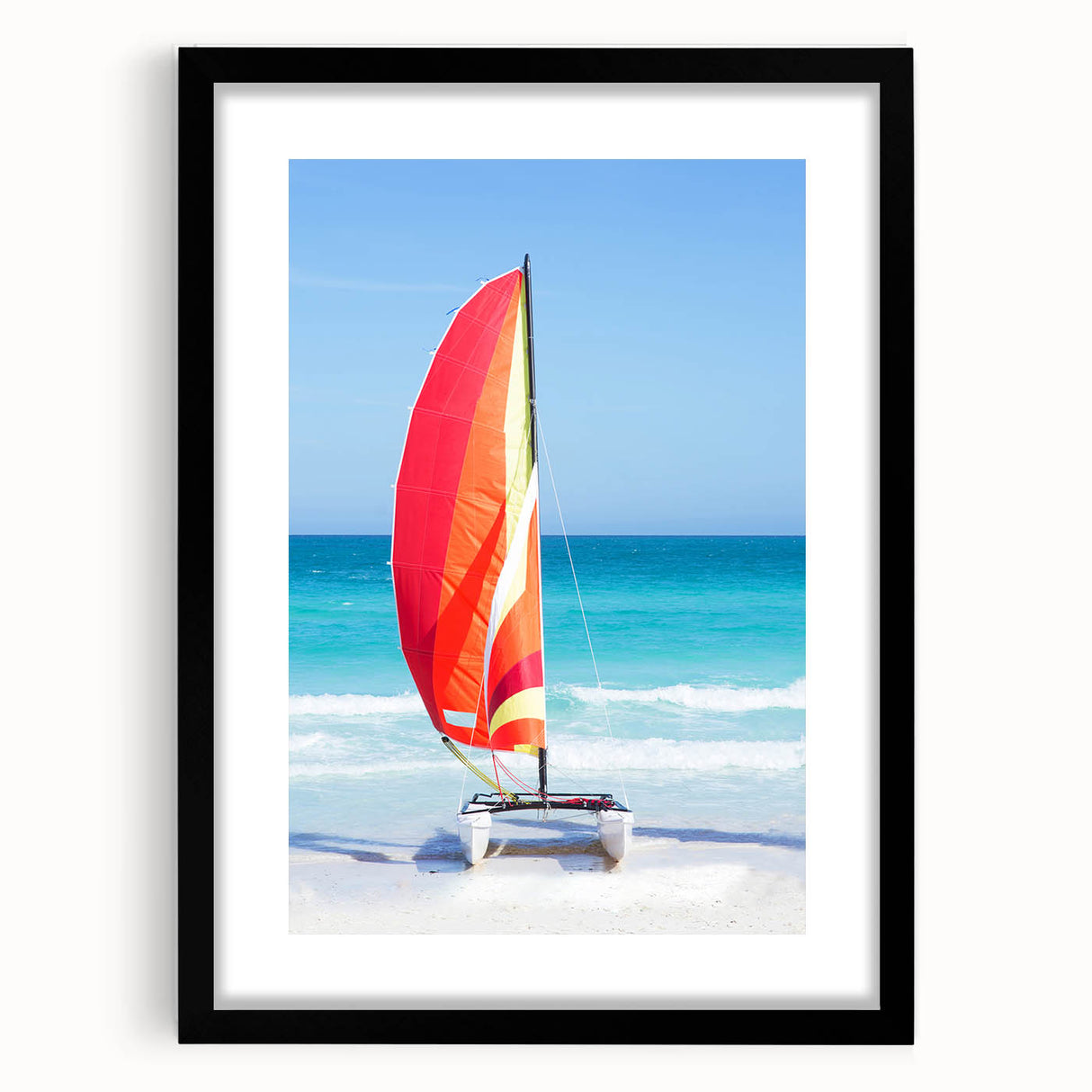 Extra large abstract art print depicting a vibrant Caribbean scenery on a textured canvas, framed in black.