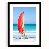 Extra large abstract art print depicting a vibrant Caribbean scenery on a textured canvas, framed in black.