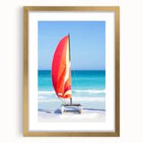 Abstract art print of Caribbean scenery in muted aqua and beige tones, framed in gold, suitable for dining room decor.