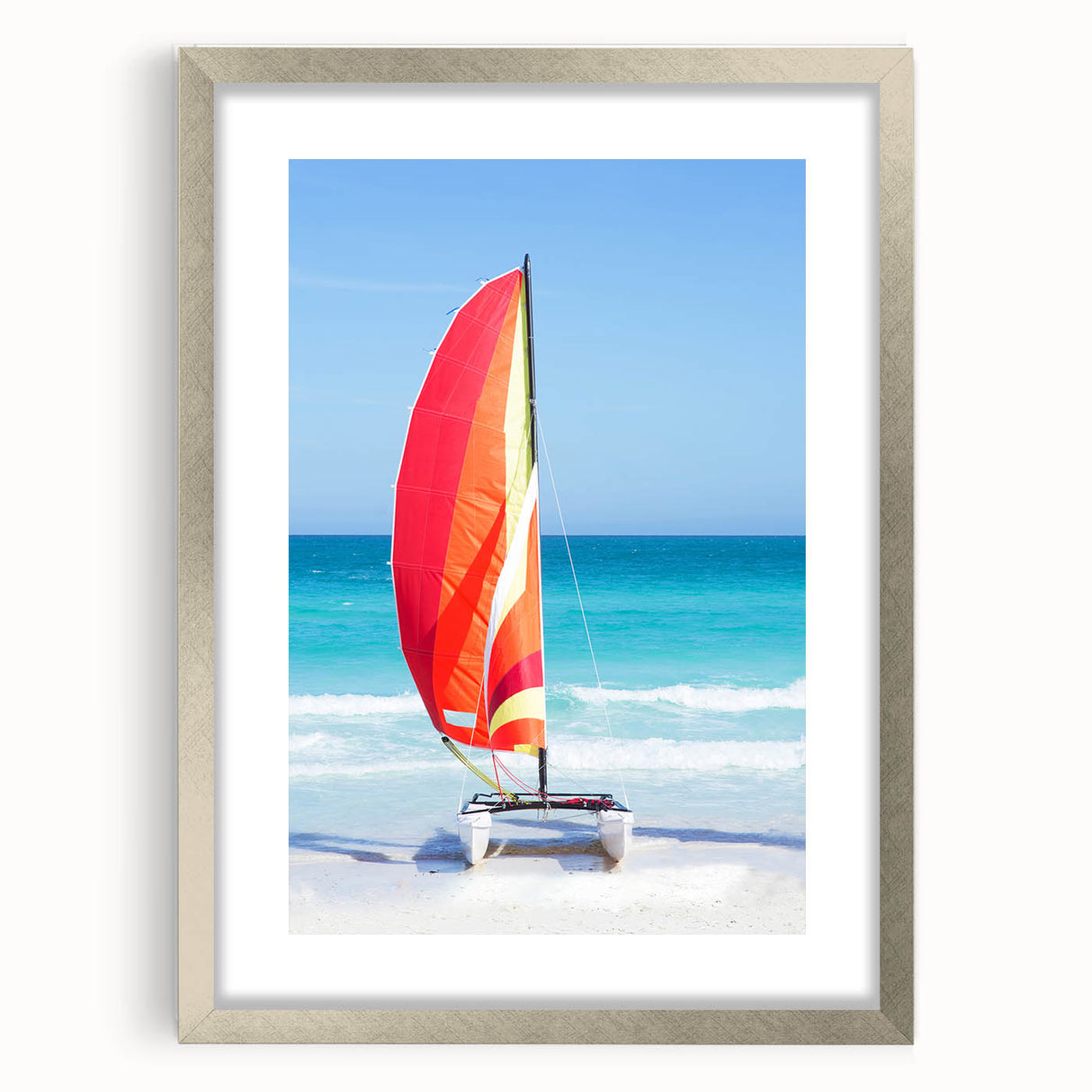 Extra large abstract art print of a Caribbean scene in textured colors, framed in silver, ideal for living room decor.