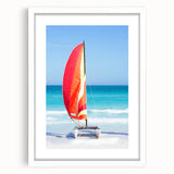 Abstract textured art print of a Caribbean seascape in subdued blues and greens, framed in white, ideal for bedroom art.