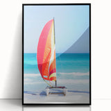 Large abstract wall art depicting a Caribbean scene in vibrant blue and green tones on a framed acrylic.