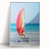 Mid-century modernist art depicting a vintage Caribbean scene in muted pastel colors, framed acrylic.