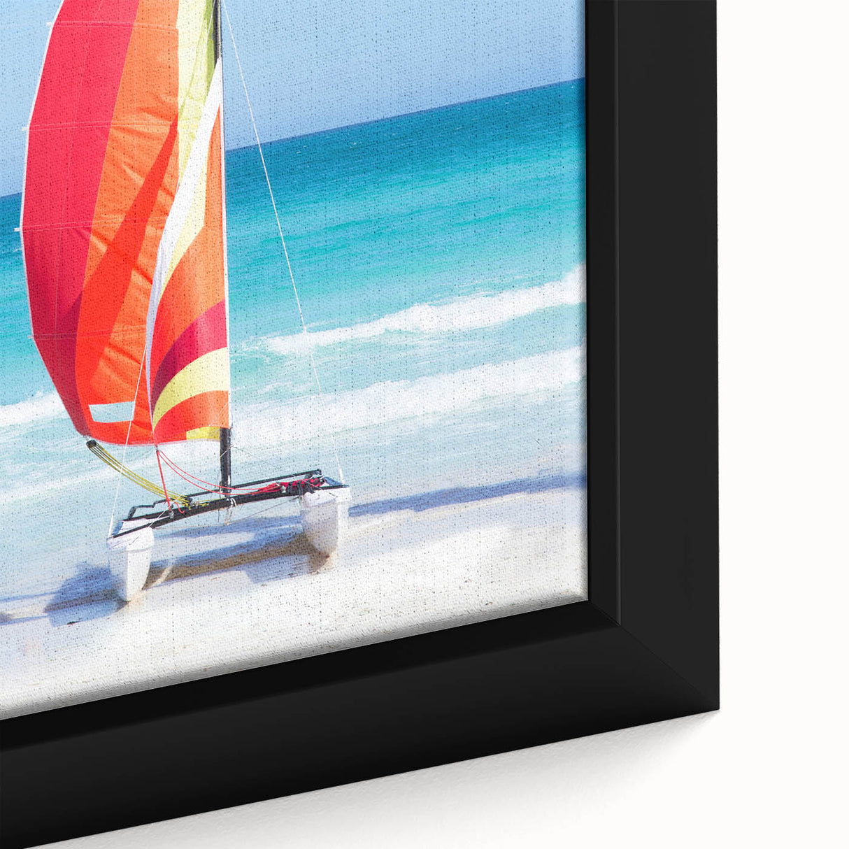 Textured black wall art depicting a vibrant Caribbean scene on a framed canvas, ideal for living room decor.