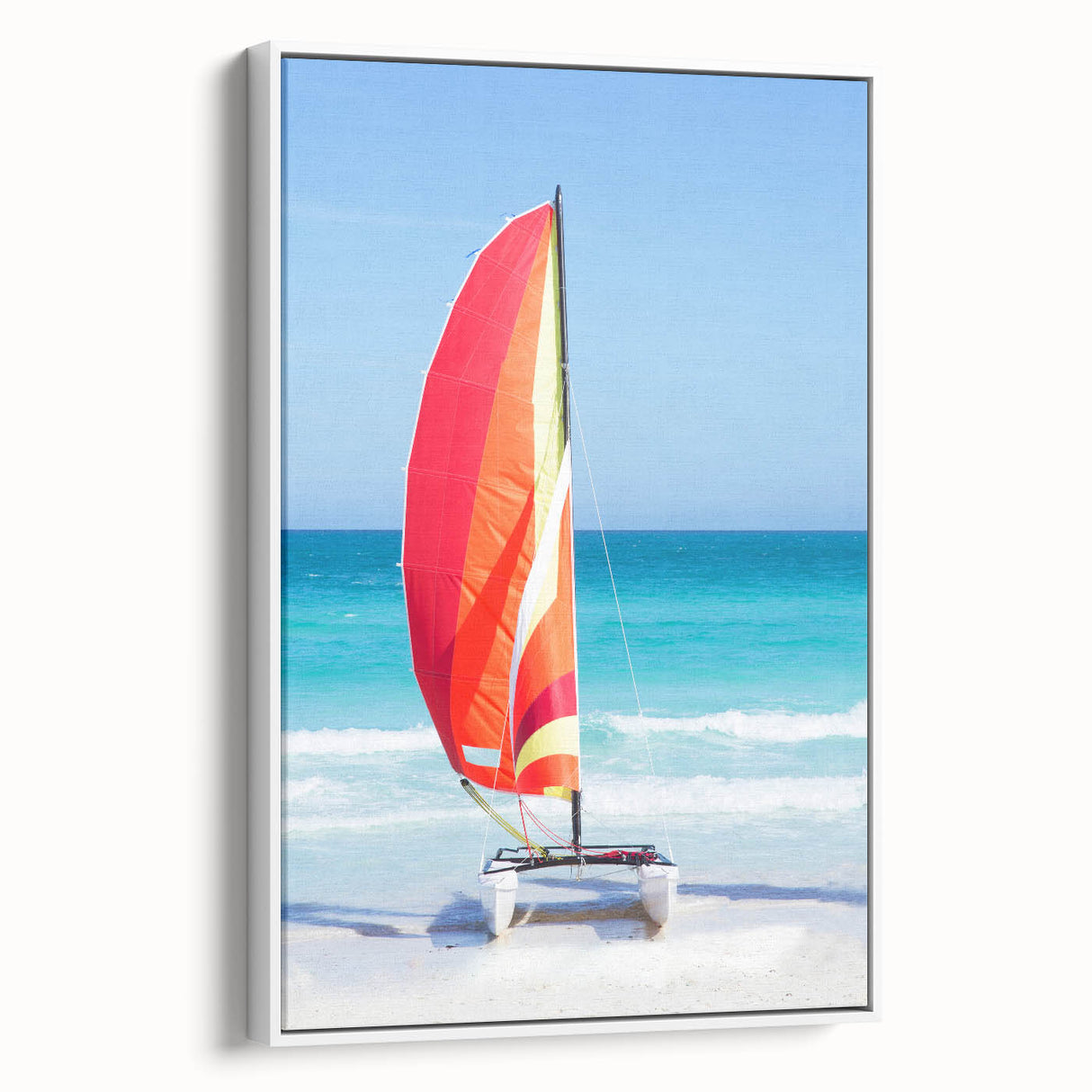 Vintage poster art of a colorful Caribbean scene on a white-framed canvas, ideal for large living room decor.