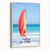 Vintage poster art of a colorful Caribbean scene on a white-framed canvas, ideal for large living room decor.