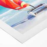 Art deco poster of a vintage Caribbean scene in pastel colors on rolled canvas, suitable for dining room decor.