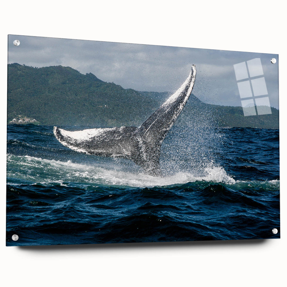 Abstract Caribbean scenery on acrylic glass, featuring turquoise and blue shades, suitable for bedroom or dining room decor.