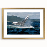 Abstract art print of a Caribbean scenery in muted blue and green tones, framed in gold, ideal for dining room decor.