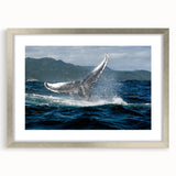 Extra large abstract art print featuring textured Caribbean scenery in muted blue and green hues, framed in silver.