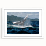 Textured abstract art print of a Caribbean scene in muted blue and green tones on a framed white mat, ideal for bedroom art.