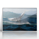 Mid-century modernist art of a Caribbean landscape on framed acrylic, featuring pastel blue and green tones.