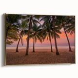 Framed canvas depicting a vintage-style Caribbean landscape in muted gold and black tones, ideal for bedroom wall art.