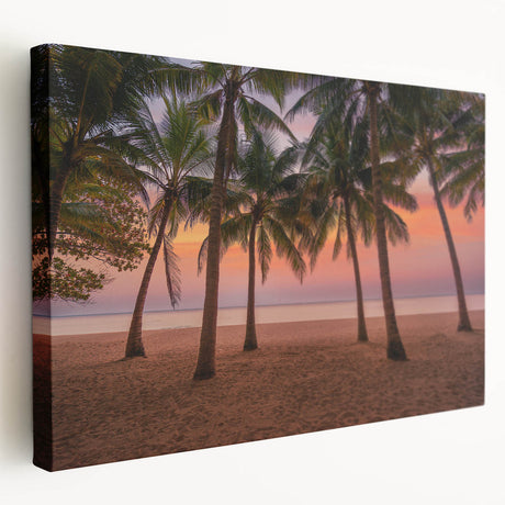Large art depicting a Caribbean beach scene on stretched canvas, in vibrant blue and green tones, ideal for kitchen wall art.