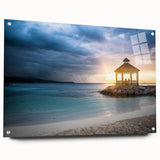 Acrylic print of a Caribbean seascape with vibrant blue and turquoise tones, ideal for dining room decor.