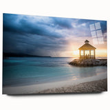 Large abstract wall art of a Caribbean scene on acrylic glass, featuring vibrant blue and green tones.