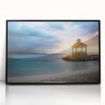 Large abstract wall art of a Caribbean scenery in vibrant blues and greens, framed in black acrylic.