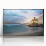 Art Deco-style poster of a Caribbean scene, with vibrant blue and green tones on a silver-framed acrylic.