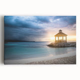 Black and white stretched canvas featuring a serene Jamaican beach scene, ideal for kitchen wall art or bedroom ambiance.