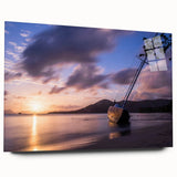 Large abstract wall art of Caribbean scenery on acrylic glass, with vibrant blue and green tones.