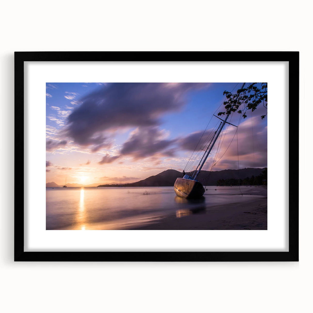 Colorful abstract art print featuring vibrant Caribbean scenery on a large framed canvas, ideal for living room decor.