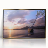 Art deco poster depicting a Caribbean scenery in vibrant blues and greens on a framed acrylic.