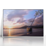 Mid-century modernist art of a Caribbean scenery in Martinique, with vibrant aqua and green tones on a framed acrylic.