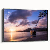 Black and white wall art featuring a vintage-style landscape painting of the Caribbean on a framed canvas.