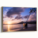 Framed canvas wall art of a vintage Caribbean landscape in muted gold and black tones, ideal for bedroom decor.