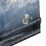 Large abstract wall art featuring dynamic shapes in vibrant blue and green tones on acrylic glass.