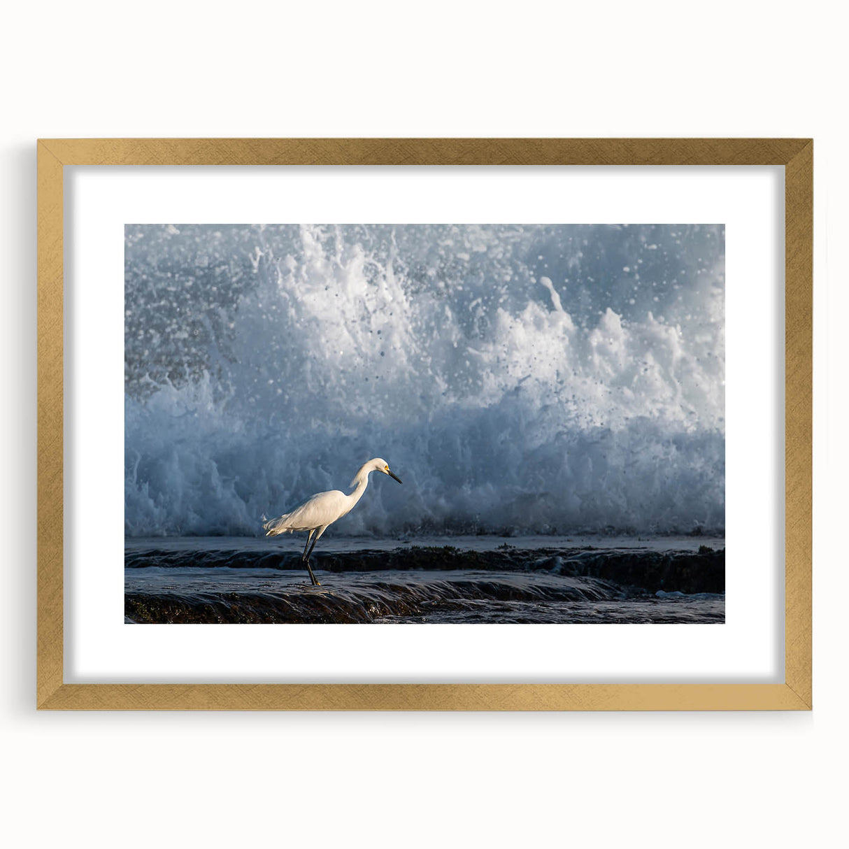 Abstract art print of a Caribbean scene in pastel shades, framed in gold, suitable for bedroom or dining room decor.