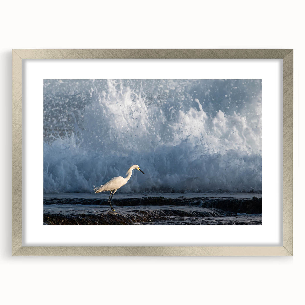 Extra large abstract art print depicting textured Caribbean scenery in cool blue and green tones, framed in silver.