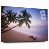 Large abstract print of Saint Lucia scenery in vibrant green and blue tones on acrylic glass.