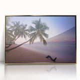 Acrylic print of a Caribbean scenery with gold frame, featuring serene blue waters and lush green hills.