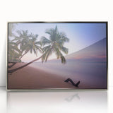 Large art print of a Caribbean scenery in Saint Lucia with vibrant green and blue tones, framed in silver acrylic.