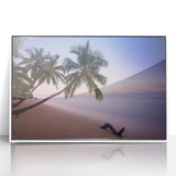 Mid-century modernist art depicting the Caribbean's Saint Lucia in vibrant ocean blues and greens, framed in white acrylic.