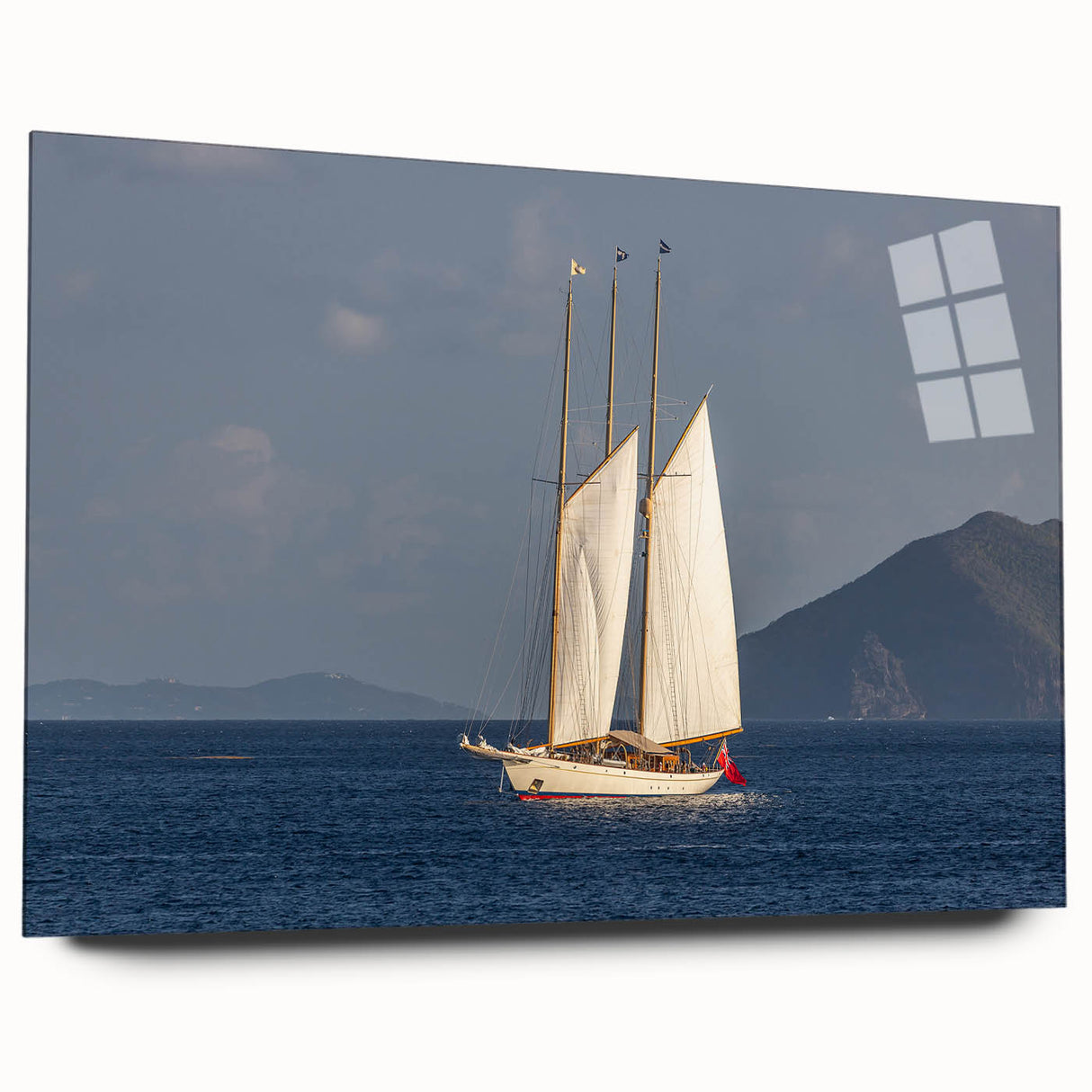 Large abstract wall art of Caribbean scenery on acrylic glass, featuring vibrant blue and green tones.