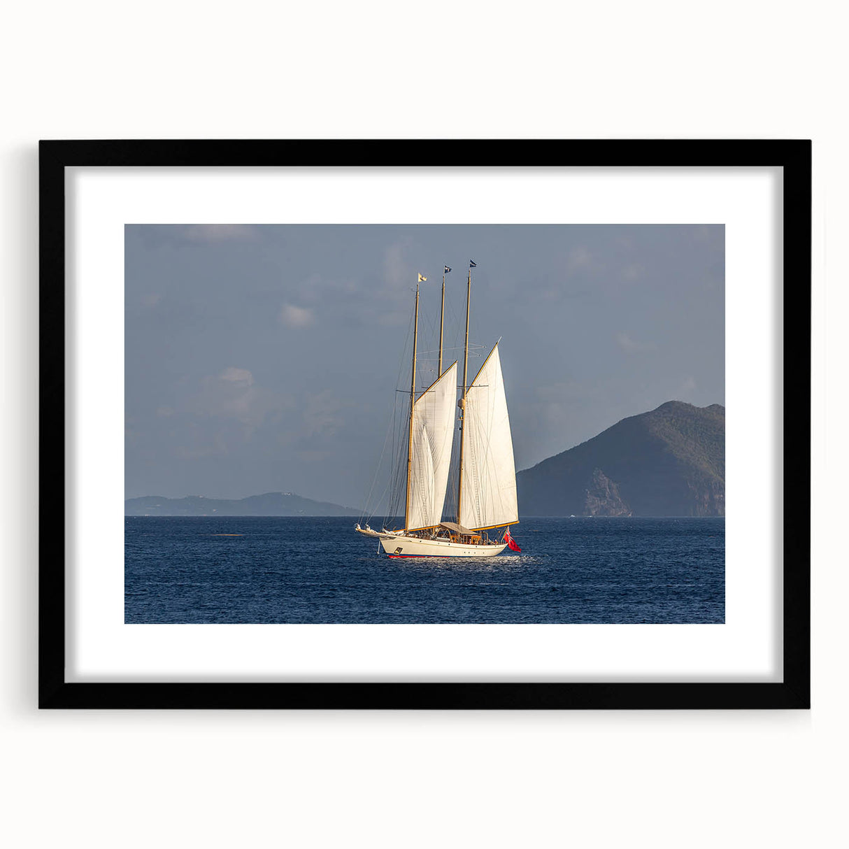 Extra large, colorful abstract art print of a Caribbean scene in a black frame, ideal for living room decor.