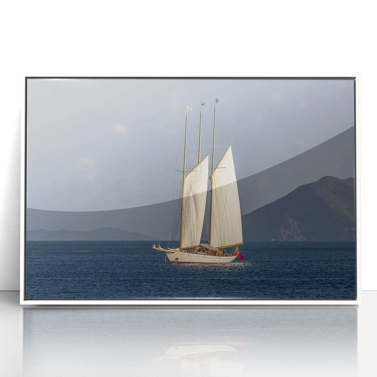 Mid-century modernist art depicting the Caribbean scenery of Saint Vincent in pastel colors on a framed acrylic print.
